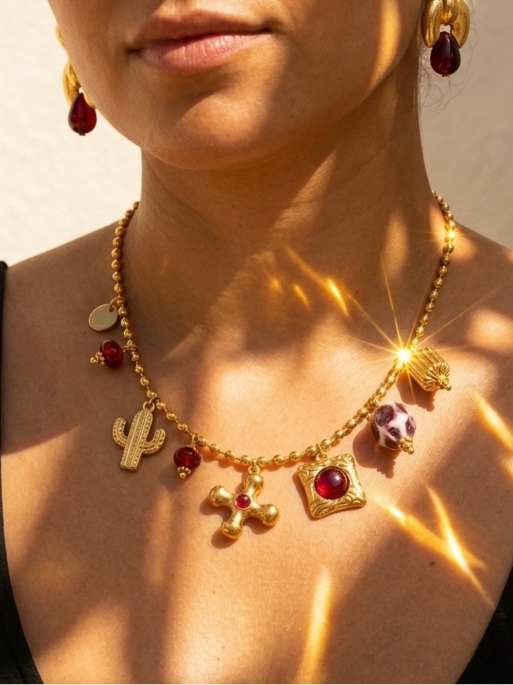 Gold and Ruby Charm Necklace Jewelry- Gold Plated Stainless Steel